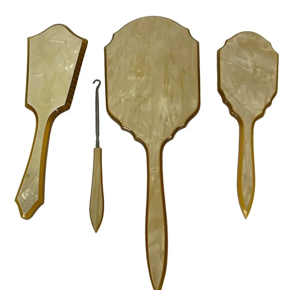 4 Pcs Vanity Set Art Deco Celluloid Bakelite ‎ Mirror 2 Brushes Hand weave VTG